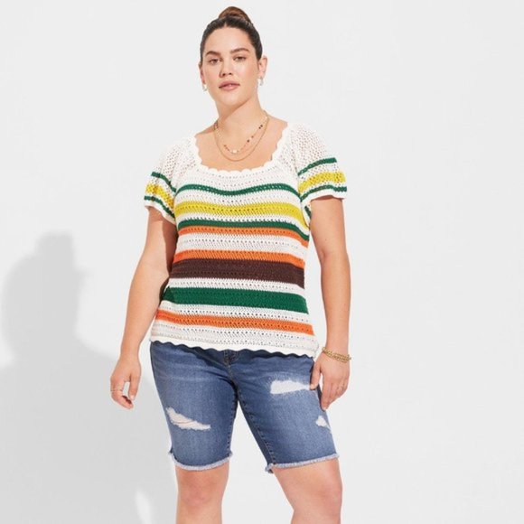 Torrid - Pullover Square Neck Flutter Sleeve Sweater in White with Multi Stripes - Picture 10 of 13